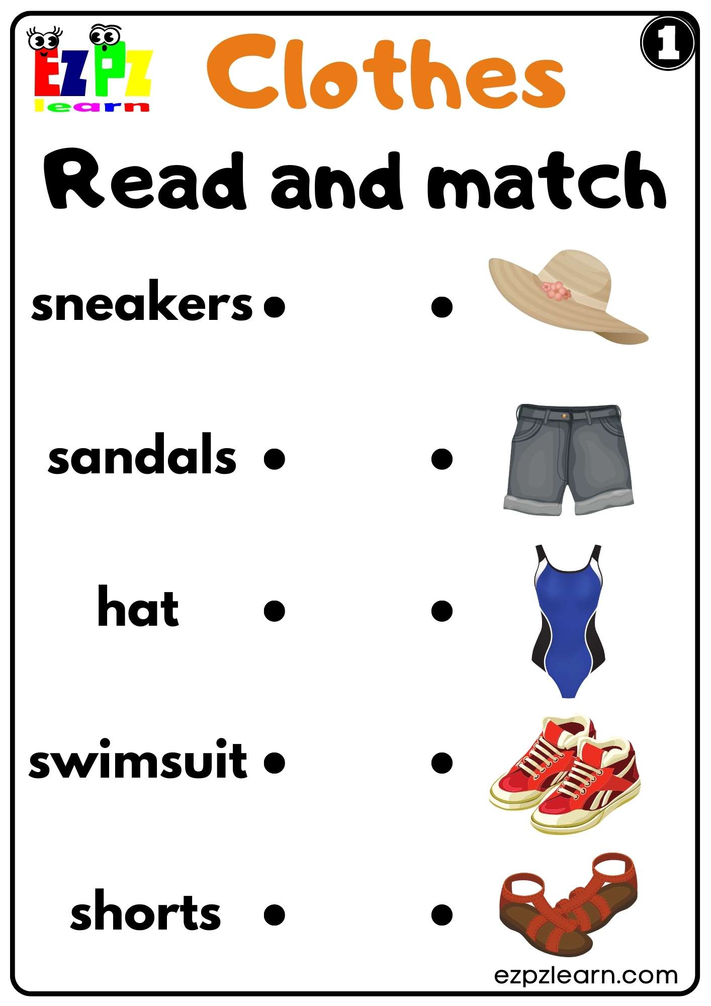Clothes Read and Match Worksheet Kindergarten K5 and ESL set 1